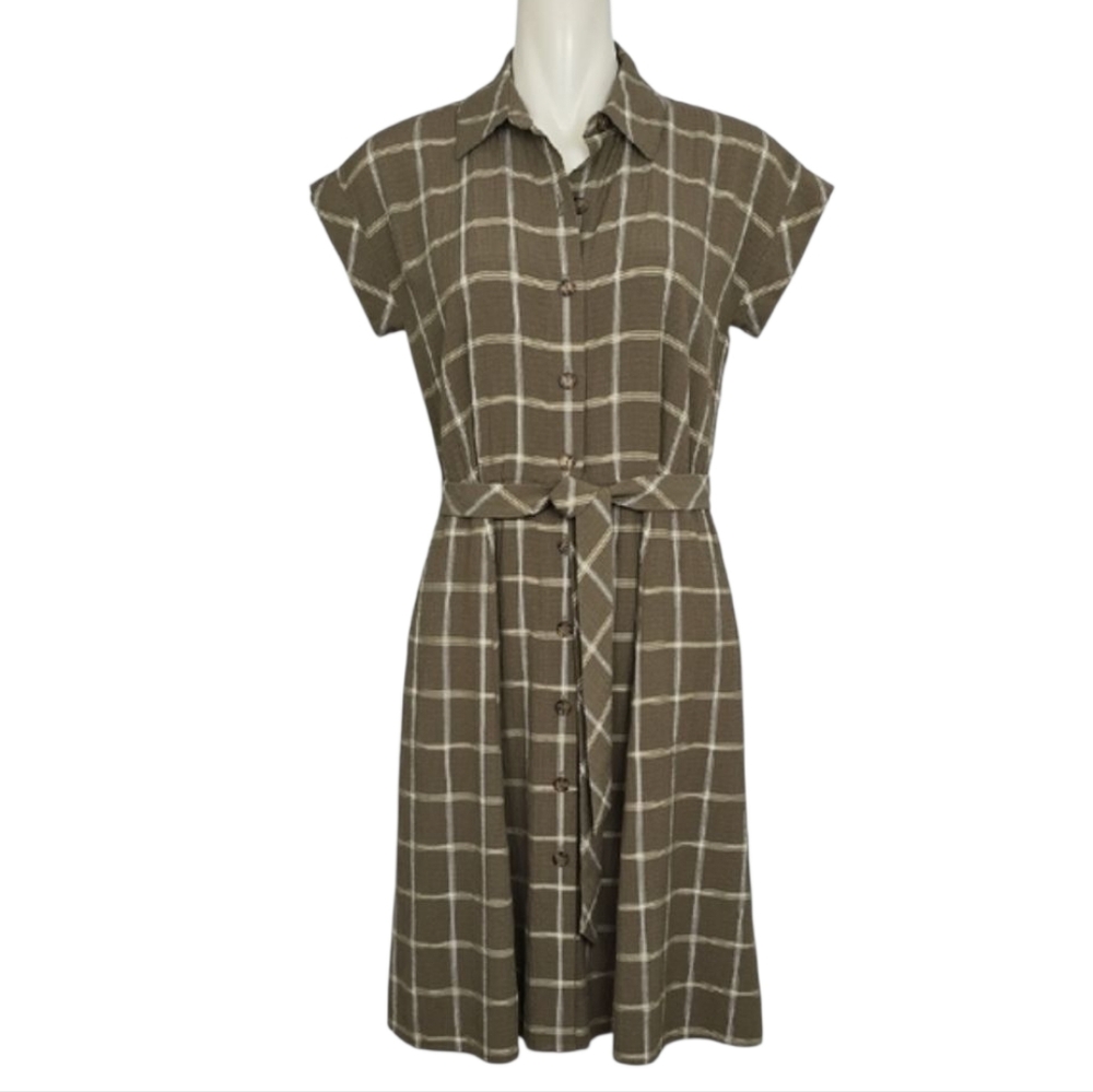 Calvin Klein Women's Green Cream Plaid Belted Midi Shirtdress 4